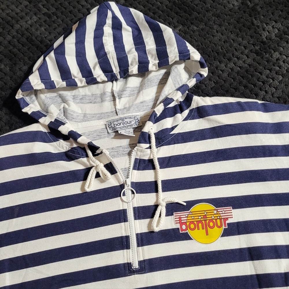 Vintage 90s Bonjour Hoodie Quarter Zip pullover L vtg Long Sleeve
